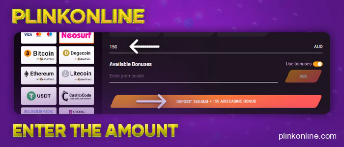 Specify the amount in AUD currency and confirm the deposit with plinko online casino